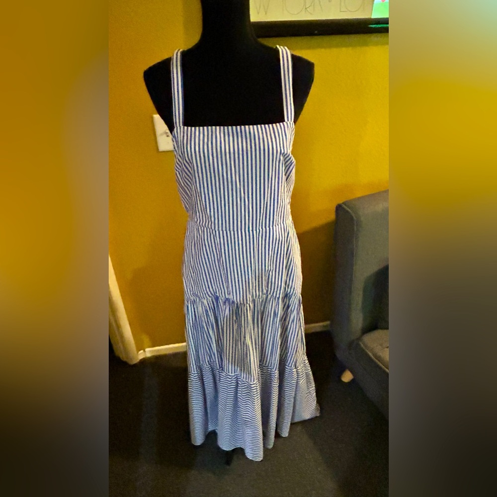 Striped blue and white te high low midi dress